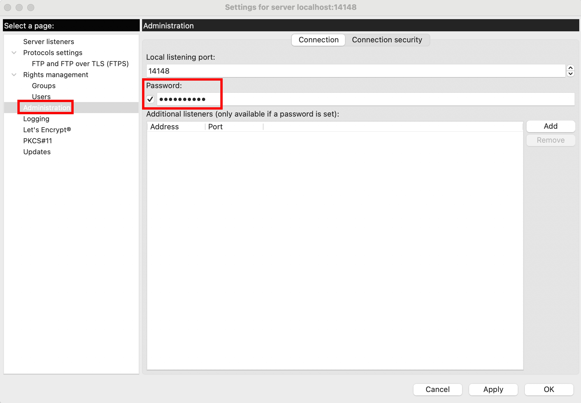 fileZilla-set-admin-password